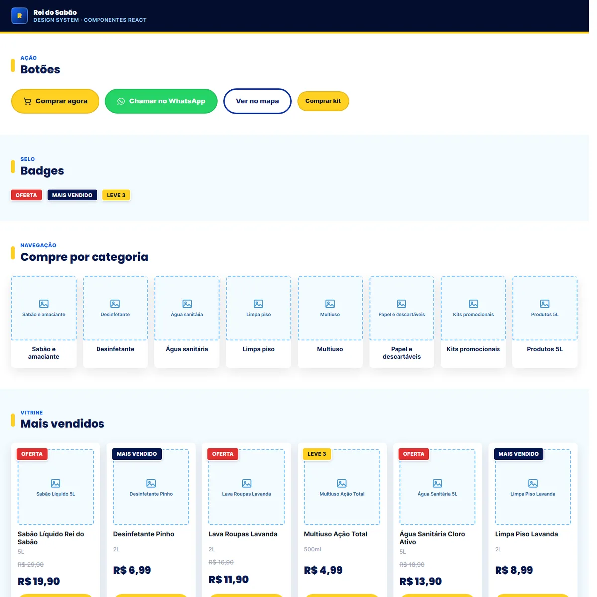 Home e página de produto do site Rei do Sabão e demo do design system
