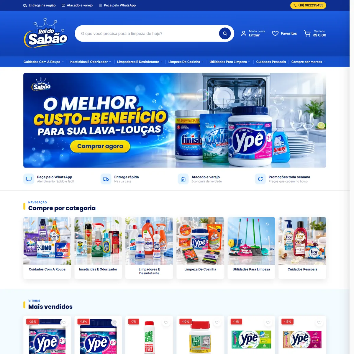 Home e página de produto do site Rei do Sabão e demo do design system