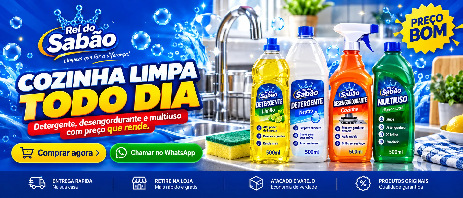 Banners, logo e cenas de categoria da loja Rei do Sabão