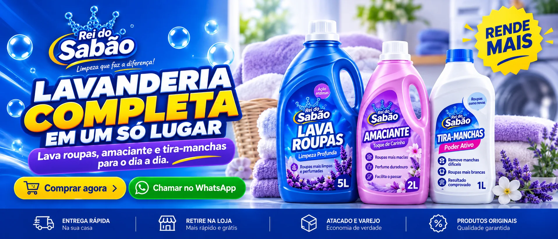 Banners, logo e cenas de categoria da loja Rei do Sabão