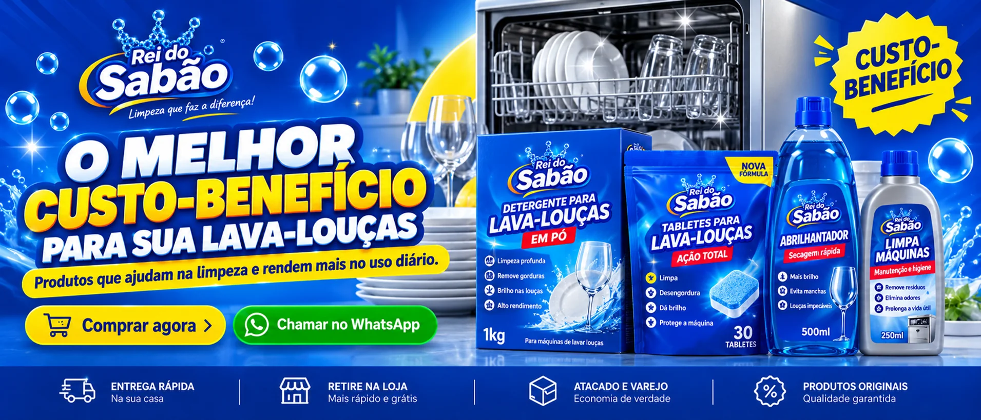Arte do banner de lava-louças enviada pelo cliente, com selo, faixa de benefícios e várias chamadas