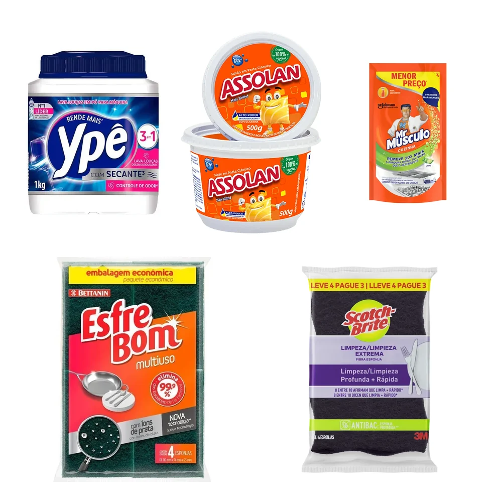 Fotos de referência dos cinco produtos da categoria limpeza de cozinha